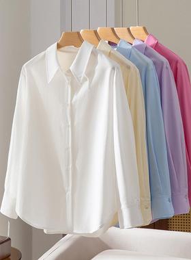 舒适休闲含莱赛尔棉混纺翻领长袖衬衫女宽松廓形男友风白色上衣