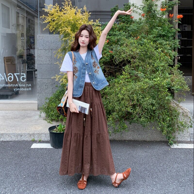 刺绣牛仔马甲T半身裙女春秋2026新款设计三件套穿搭韩系chic套装