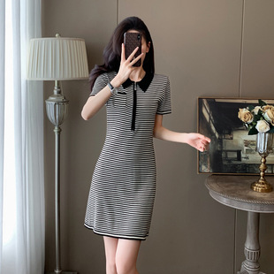 盐系宽松显瘦T恤直筒 新款 7035韩版 休闲黑白条纹Polo领连衣裙夏季