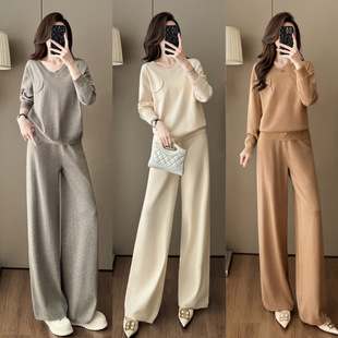 7699休闲慵懒风松驰感懒人针织套装秋季新款口袋毛衣阔腿裤两件套