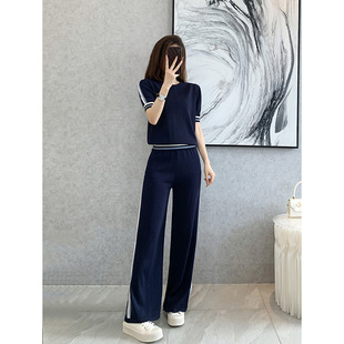 2欧洲站气质运动冰丝针织套装 阔腿裤 夏装 侧拼接上衣 两 新款 7045