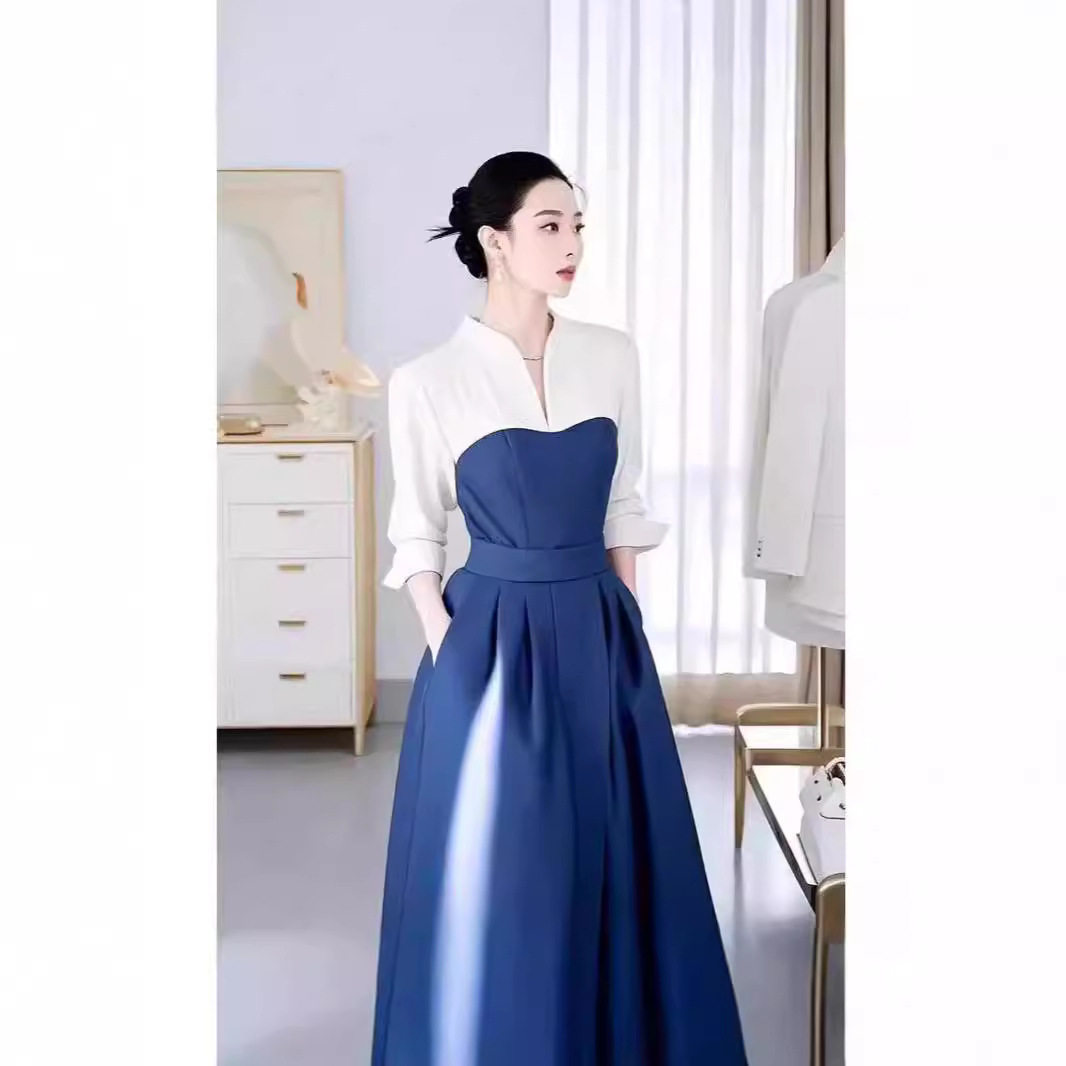 法式小香风感正式场合气质收腰蓝色拼接长袖衬衫连衣裙女早秋
