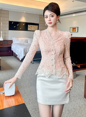 miu系秋冬蕾丝衫长袖内搭可单穿可打底V领收腰修身上衣女11680