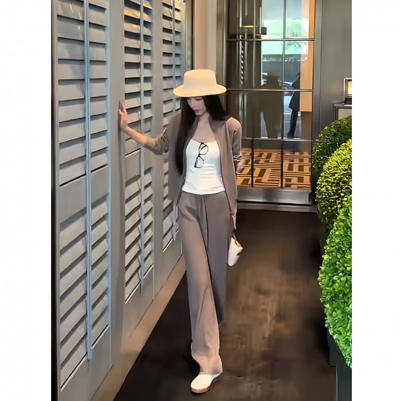 慵懒休闲酷酷穿搭套装春季新款设计感小众复古纯色针织衫两件套