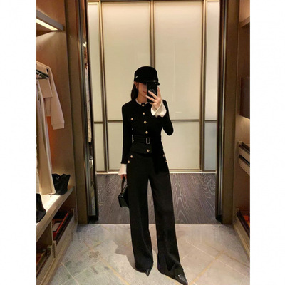 7801都市气质通勤风套装2026年新款收腰显瘦喇叭袖针织衫长裤两件