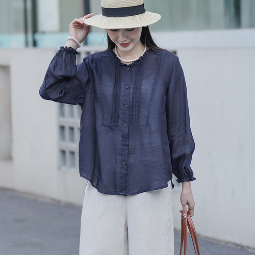 麻意 100%苎麻木耳领衬衫女长袖 2026夏季薄款风琴褶上衣 - 封面