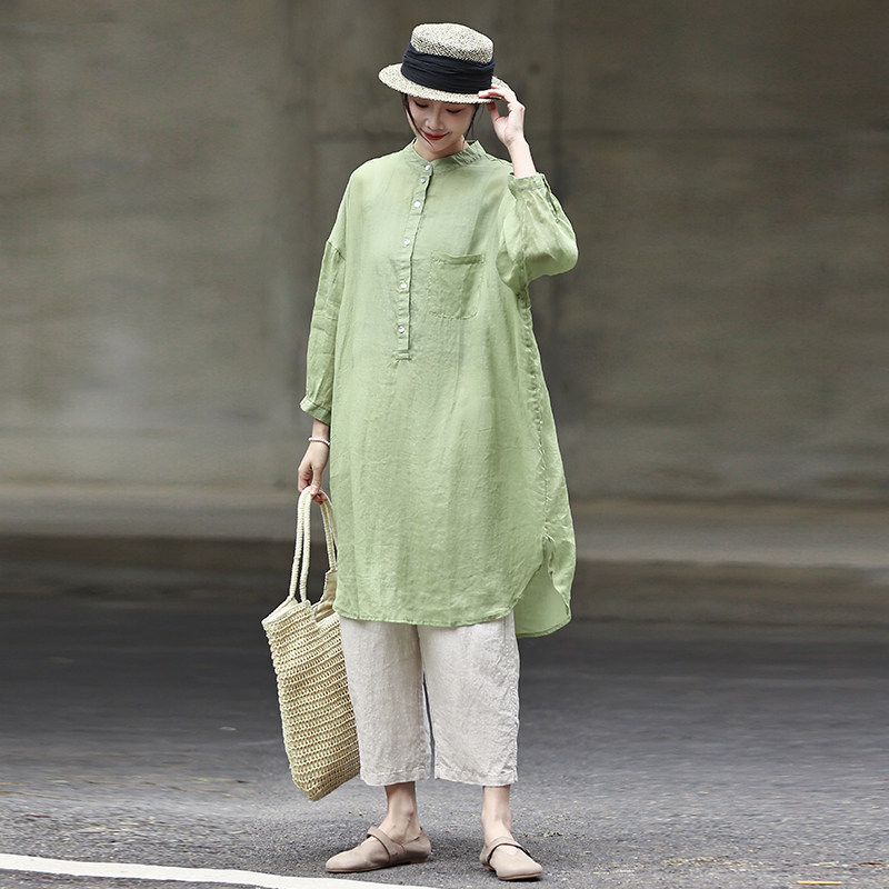 青青河边草 简约日系100%苎麻长衫女宽松中长款衬衫裙 夏季薄款