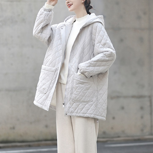 麻意 好看的灰白色 文艺菱格夹棉外套女连帽宽松廓形中长款棉服