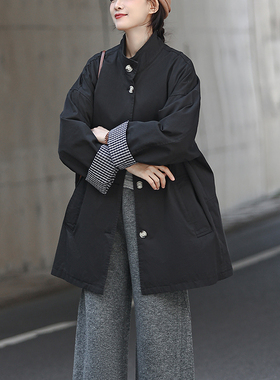 麻意 晚舟 棉质黑色风衣女2025秋冬新款文艺日系宽松中长款外套