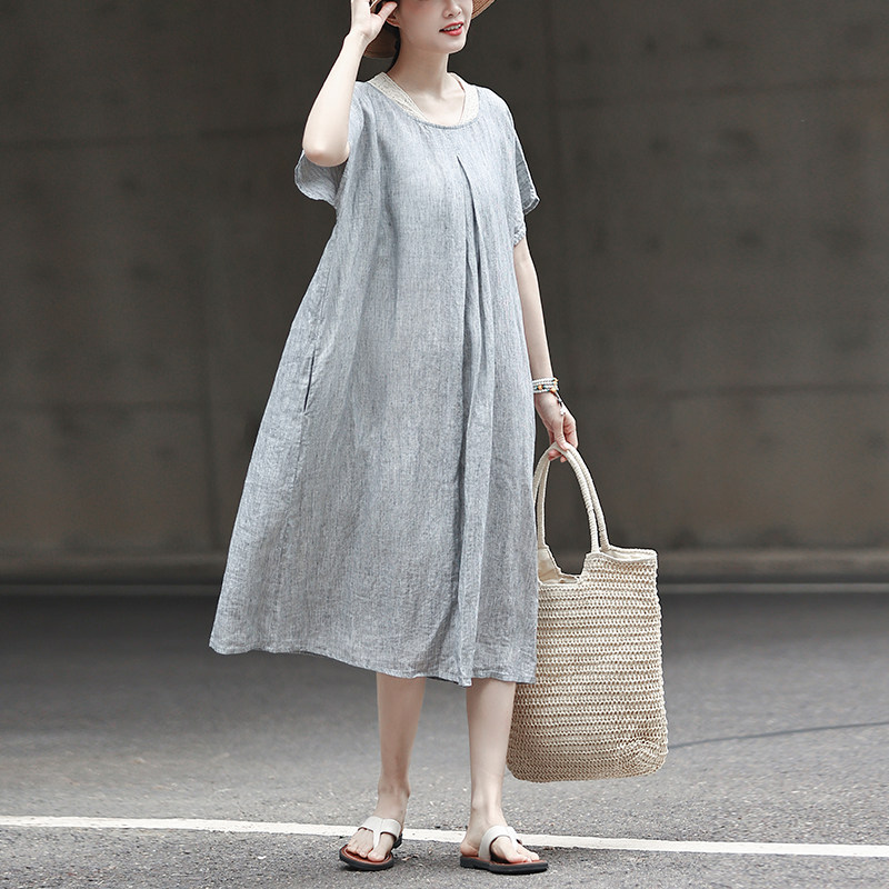 麻意 砂洗100%亚麻竖条纹连衣裙 蕾丝领法式长裙夏天宽松大码裙子