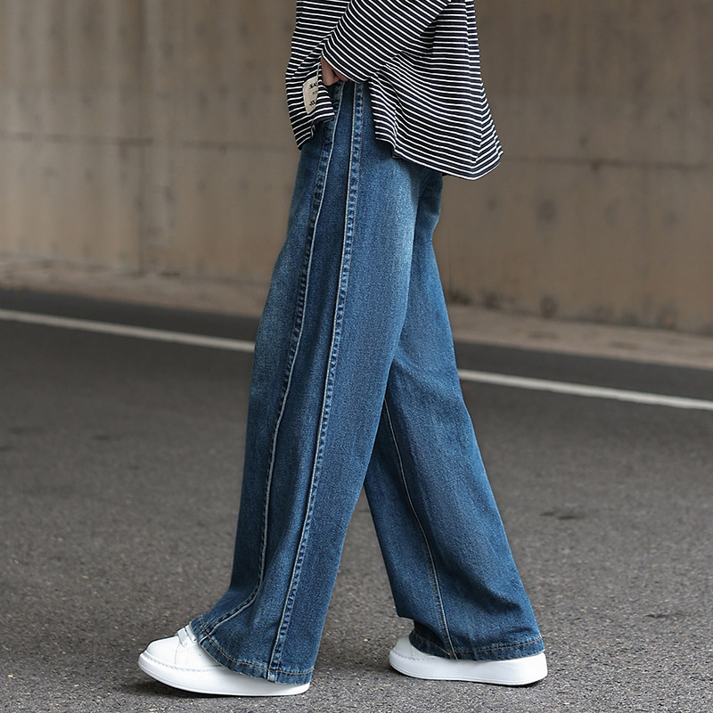 重工洗水复古牛仔裤宽松阔腿裤女高腰秋季款直筒百搭长裤加长显瘦