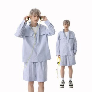 MTLCLOTHES男装|日系小格子长袖衬衣休闲短裤百搭日常休闲套装潮