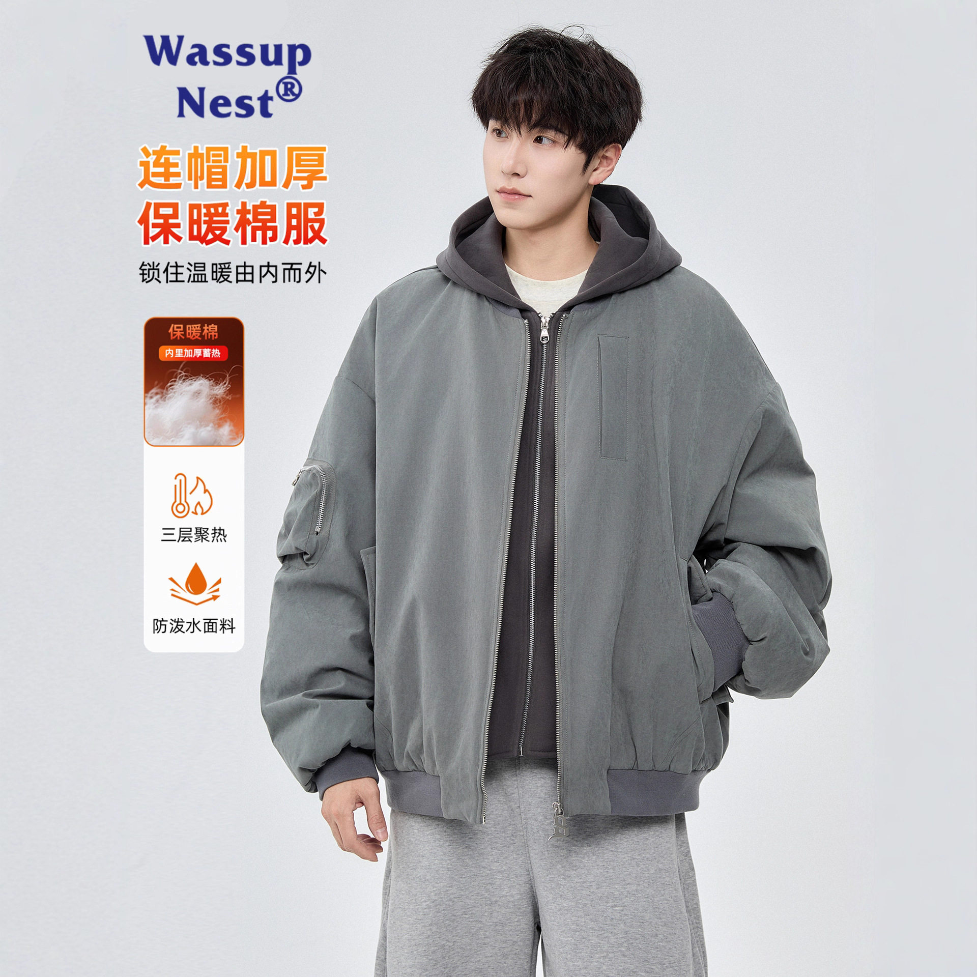 WASSUP美式潮牌工装棉服男秋冬季2025新款宽松休闲假两件棒球