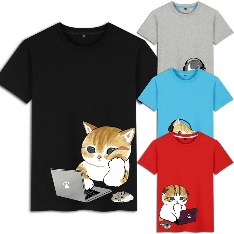 呆萌可爱卡通猫咪图案衣服上班族打工人程序员小众设计短袖t恤男