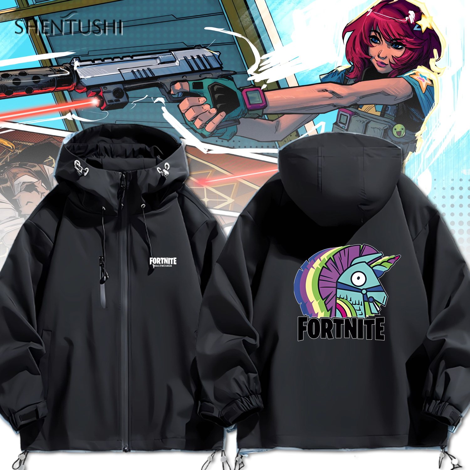 Fortnite堡垒之夜联名游戏周边秋季男女学生情侣装连帽冲锋衣夹克