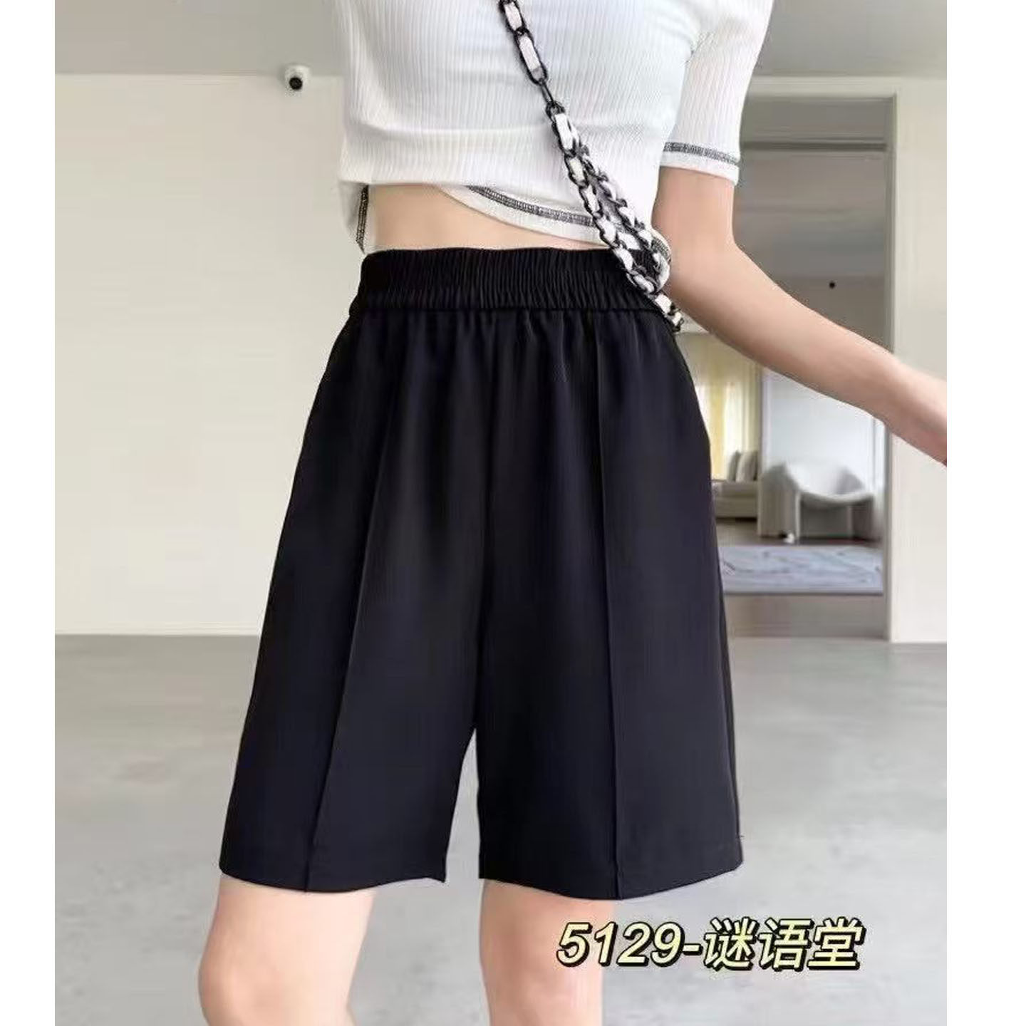 【桐桐佳新店】夏季高腰黑色短裤女大码高弹休闲5分裤谜语堂5129