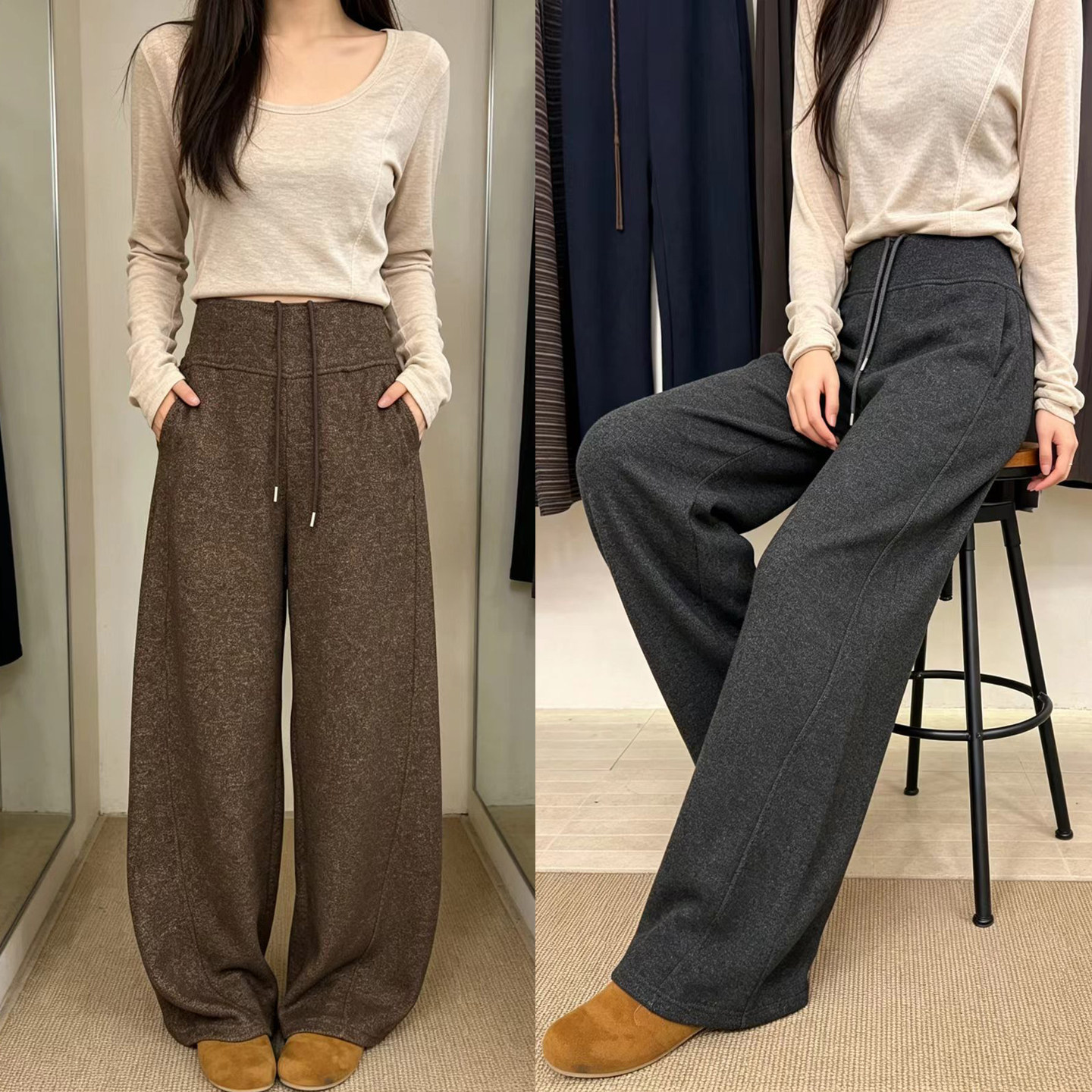 秋冬厚料高腰弯刀阔腿裤女