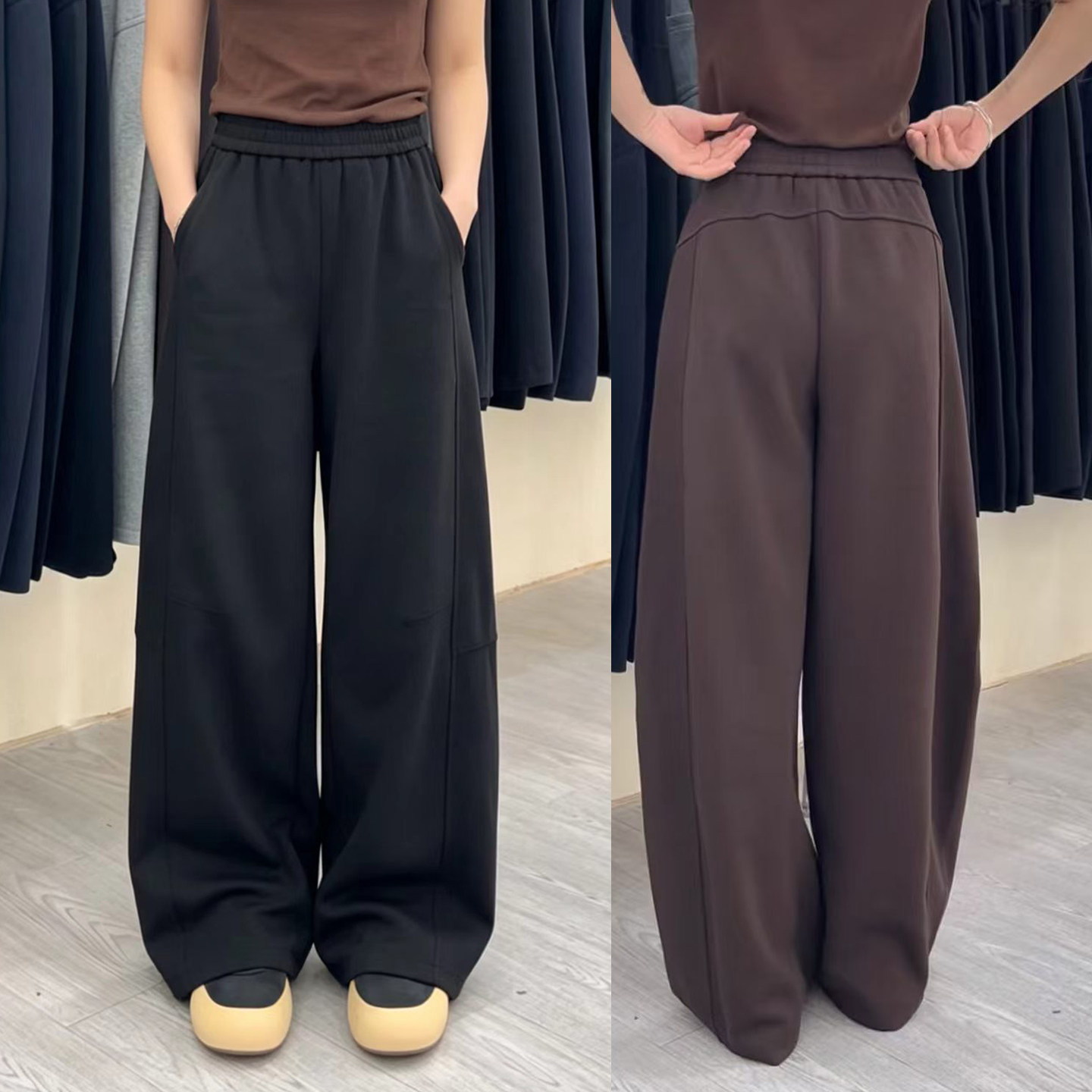 秋高弹休闲微弯刀阔腿裤女高腰