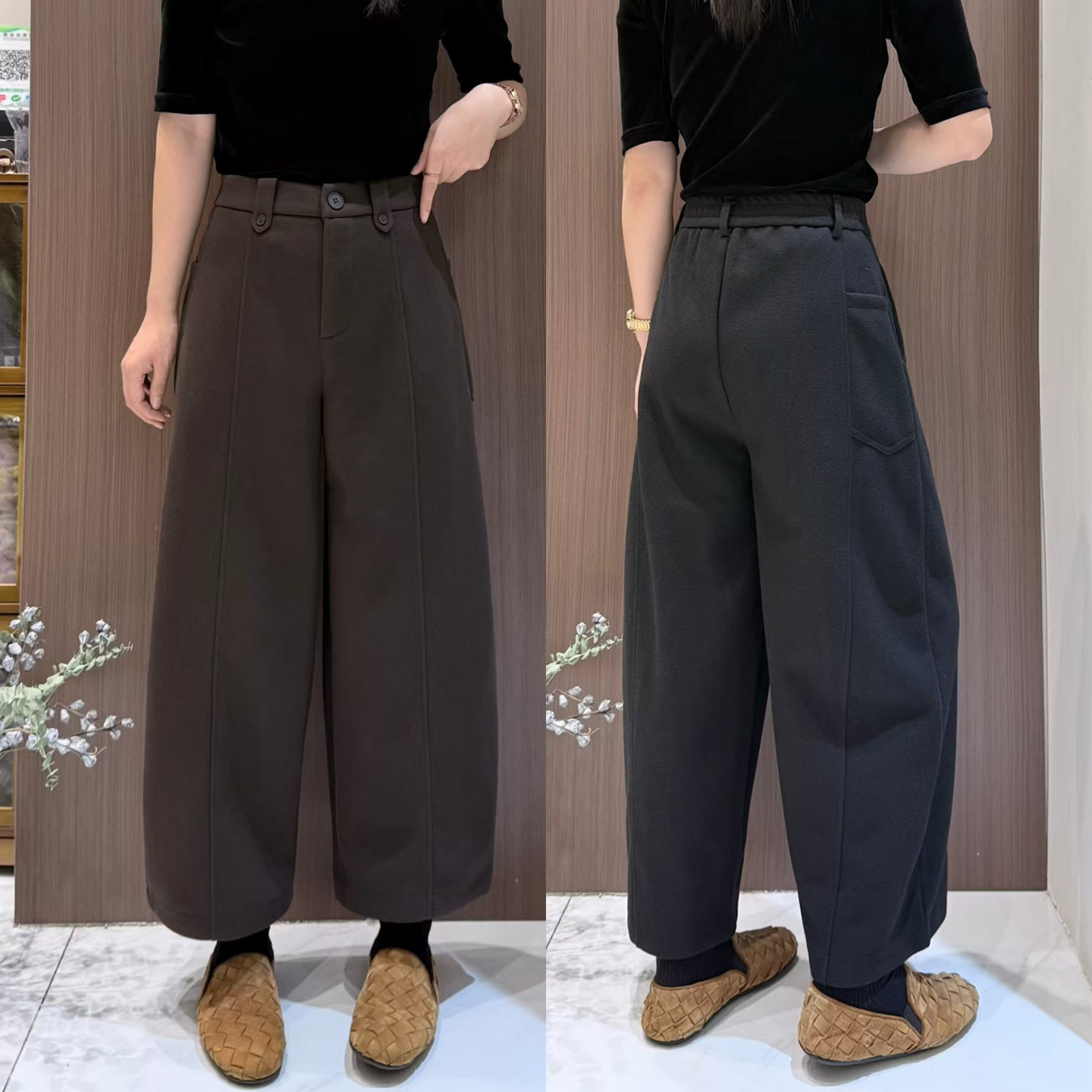 秋冬九分厚料羊毛直筒裤女大口袋