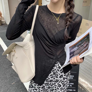 玻璃纱打底衫女长袖开叉网红洋气修身薄款微透t恤小众别致上衣秋