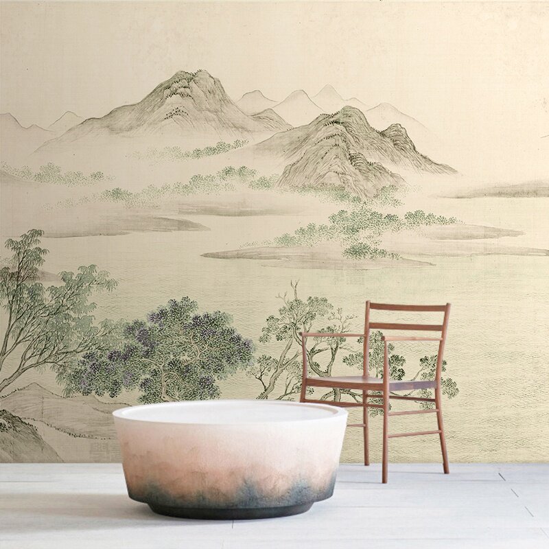 手绘中式淡雅水墨山水画墙纸湖山春暖意境壁画茶室书房背景墙壁布
