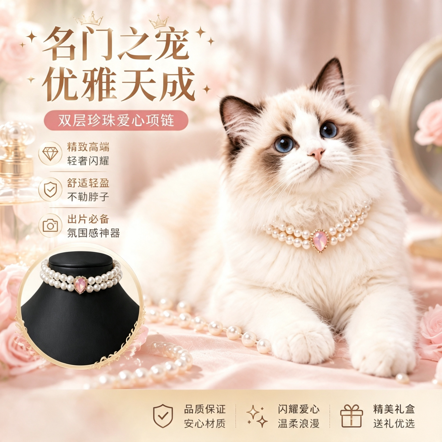 双层珍珠宠物项链猫咪拍照项圈