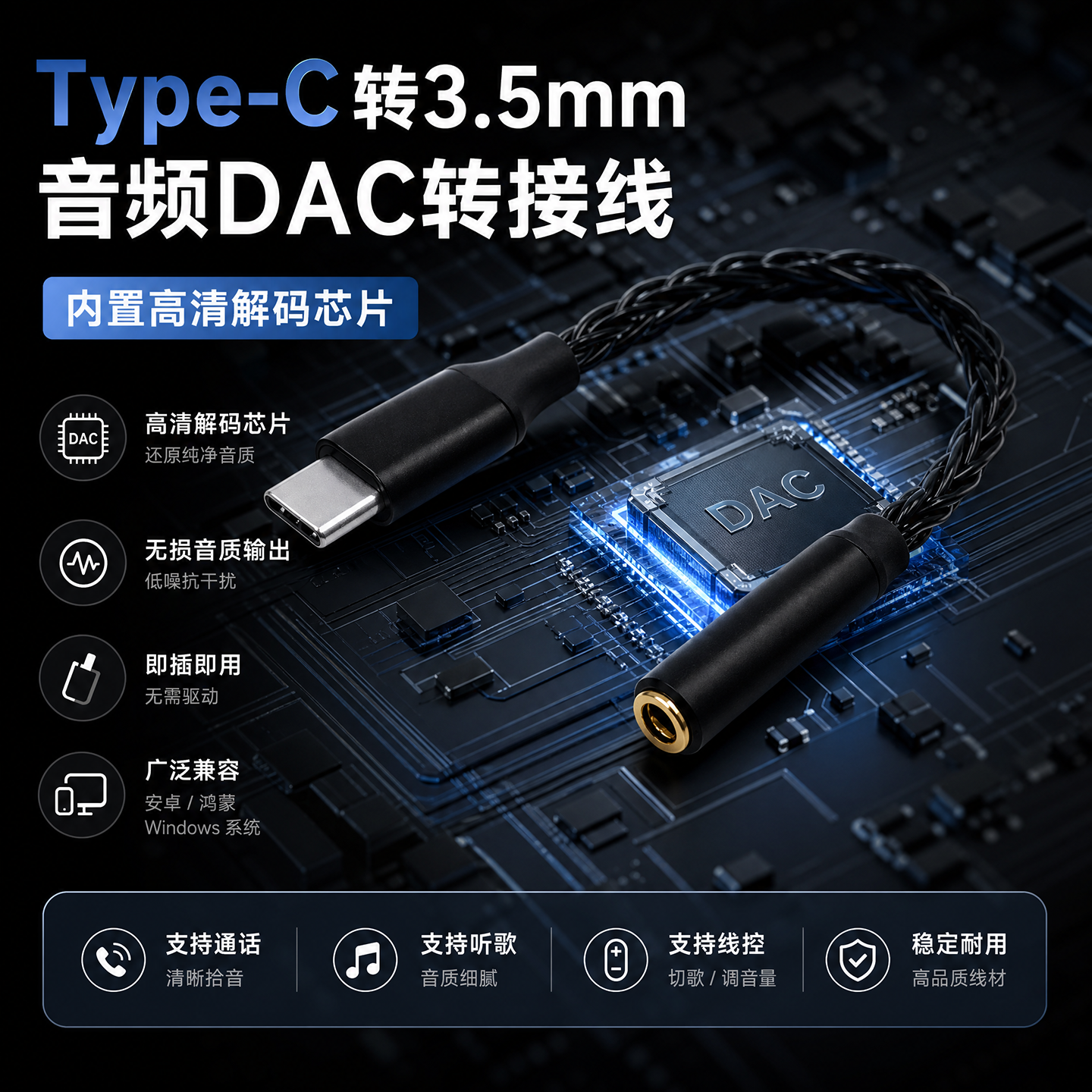 适用华为小米IPHONE16手机TYPE-C转3.5mm耳机转接头纯银线DAC音频解码CX31993 MAX97220功放小尾巴便携耳放