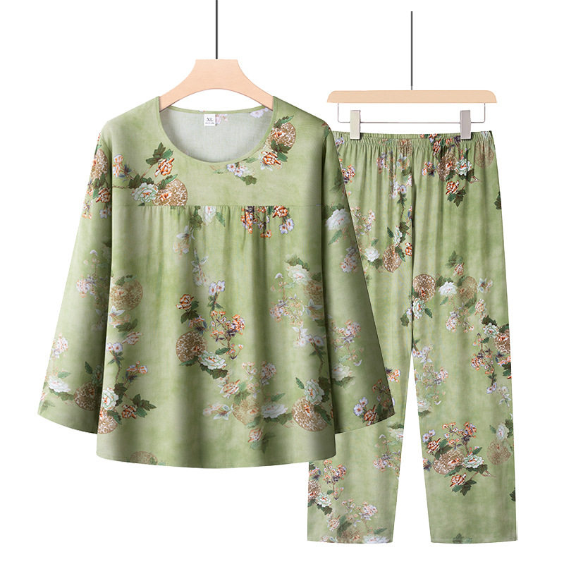中老年妈妈睡衣女士长袖纯棉绸圆领夏季奶奶老太太家居服两件套装
