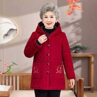 老太太单件睡衣女上衣冬加厚加绒中长款连帽中老年人妈妈款家居服