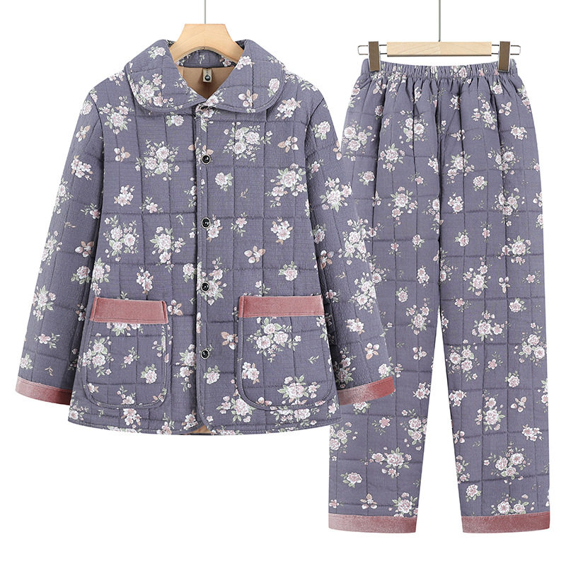 中老年女款睡衣冬加厚三层夹棉保暖套装妈妈碎花棉袄家居服两件套