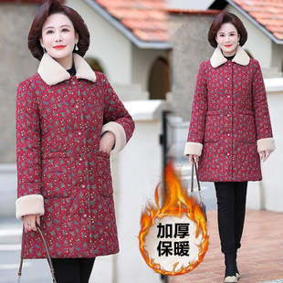 妈妈睡棉衣单件中老年人睡衣冬季女加绒加厚外套中长款碎花家居服