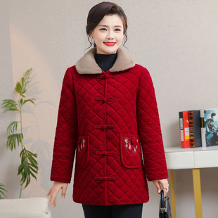 冬季单件上衣睡衣中长款加厚妈妈棉袄加绒奶奶红色家居服棉衣外套