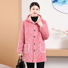 中年冬季睡衣女上衣单件棉袄加绒加厚妈妈灯芯绒中长款家居服连帽