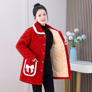 妈妈睡衣上衣单件冬季红色棉袄加绒加厚中长款中老年人保暖家居服