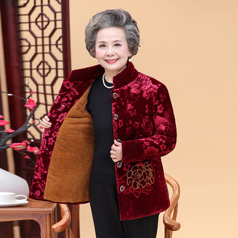 中老年妈妈睡衣金丝绒上衣单件冬季加绒加厚老人家居服红色珊瑚绒