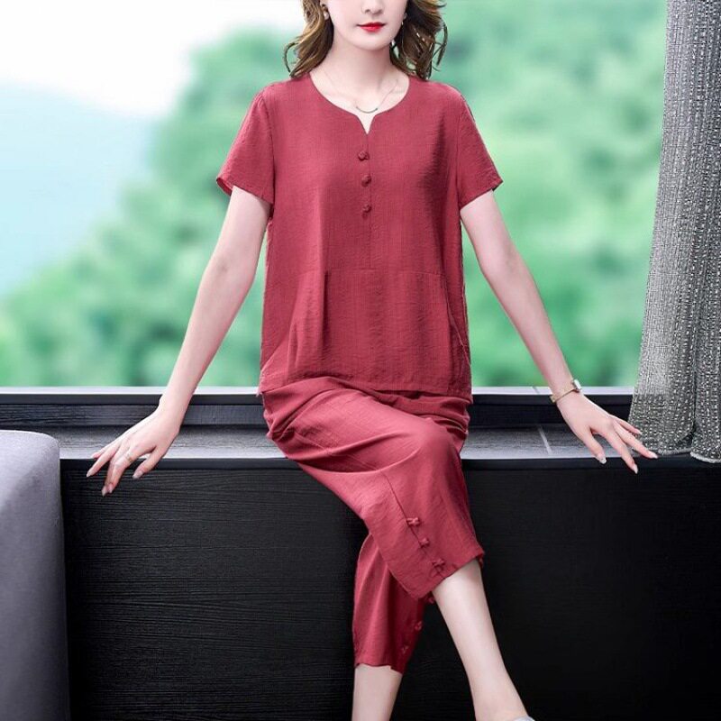 睡衣妈妈款亚麻夏季短袖红色棉麻套装中老年人女士新款减龄家居服