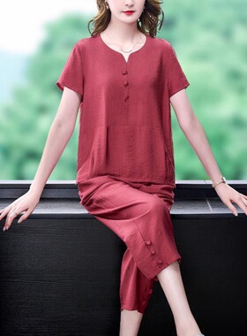 睡衣妈妈款亚麻夏季短袖红色棉麻套装中老年人女士新款减龄家居服