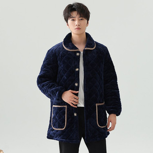 男士睡衣上衣单件冬季加绒加厚保暖棉袄中长款中年家居服外穿罩衣