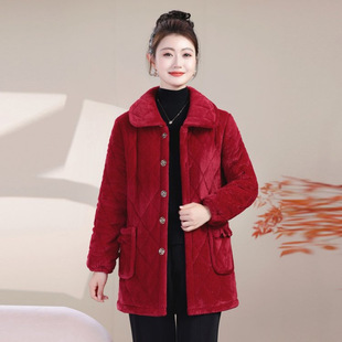 中老年妈妈冬天睡衣女款2025新款三层夹棉加厚家居服单件上衣红色