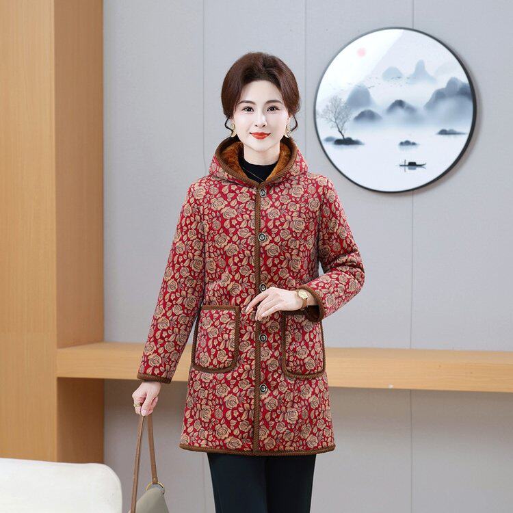 妈妈装金丝绒连帽碎花棉袄睡衣上衣单件加厚中老年加绒家居服冬季