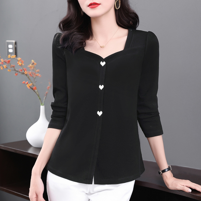 纯棉长袖t恤女装2024春秋季新款黑色方领上衣大码女士显瘦打底衫