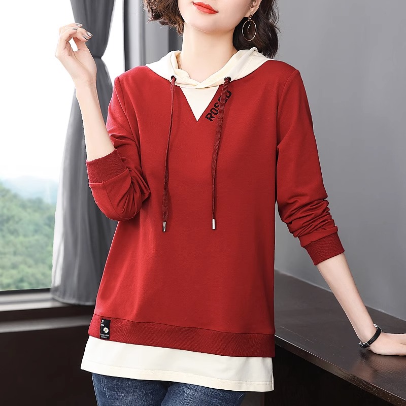 连帽卫衣女装2024春秋新款洋气妈妈长袖t恤大码假两件上衣打底衫