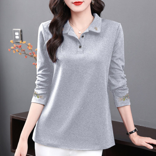 纯棉长袖t恤女装翻领上衣打底衫