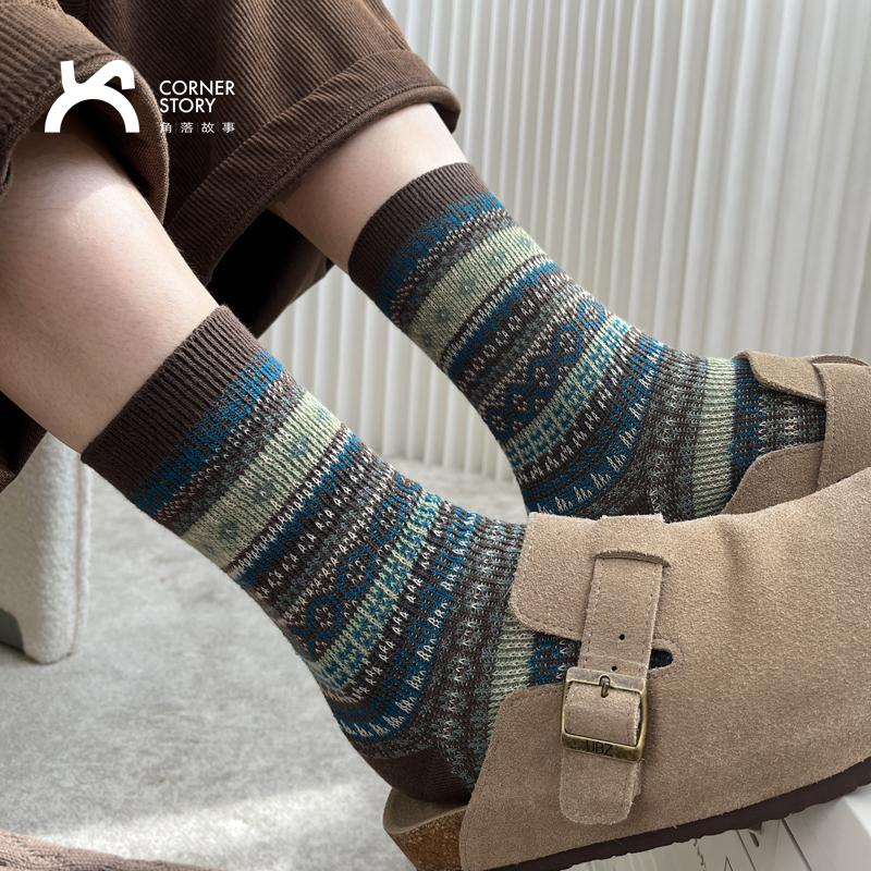 复古咔叽风女精梳棉无骨中筒袜