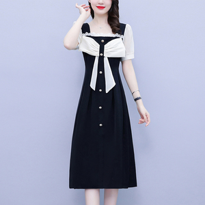 RM7610#大码女装2023夏季新款胖妹妹方领通勤蝴蝶结时尚中长款连衣裙