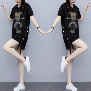 RM7594#大码女装2023夏新款卫衣连帽不规则宽松显瘦中长款烫钻连衣裙