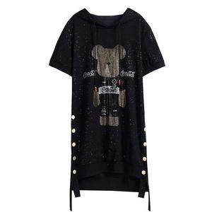 RM7594#大码女装2023夏新款卫衣连帽不规则宽松显瘦中长款烫钻连衣裙