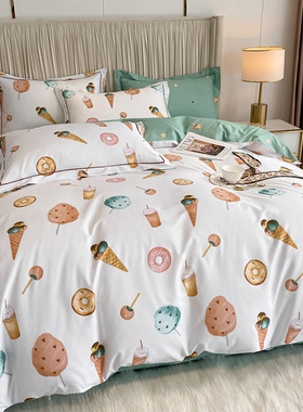 小清新床品可爱可通绿色四件套全棉床单纯棉1.511.8双人床2米被套