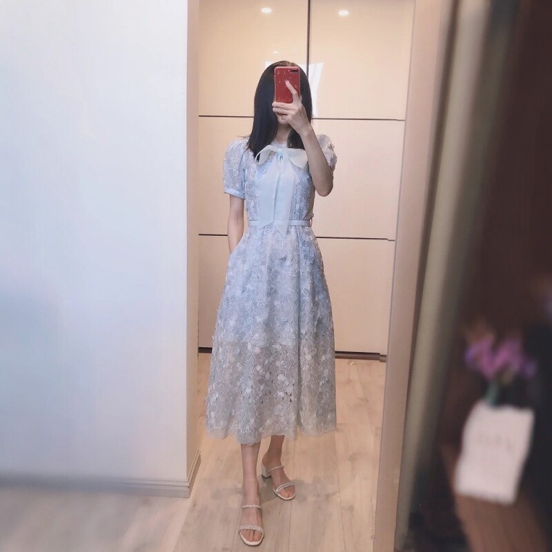 格格家 纯原s蓝色蕾丝蝴蝶结泡泡袖p连衣裙