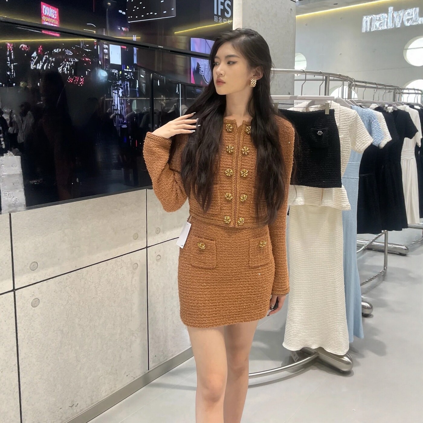 秋冬 美拉德色小香风针织开衫上衣+半群套装
